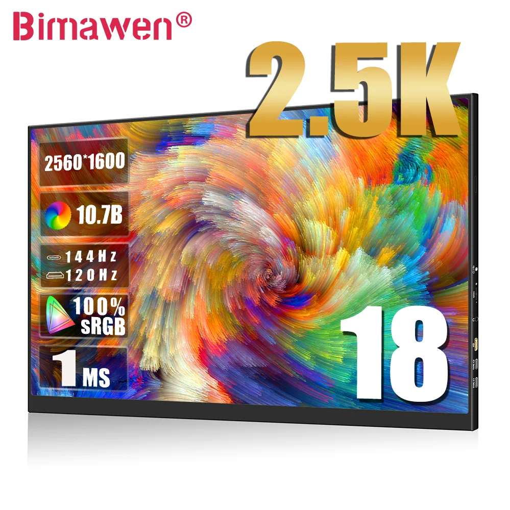 Bimawen 18-Palcové 2.5 K 144Hz Prenosný Monitor 1MS Freesync Displej 100%sRGB IPS Herné Obrazovky Pre PC, Notebook, Mac Xbox PS4/5 Prepínač0