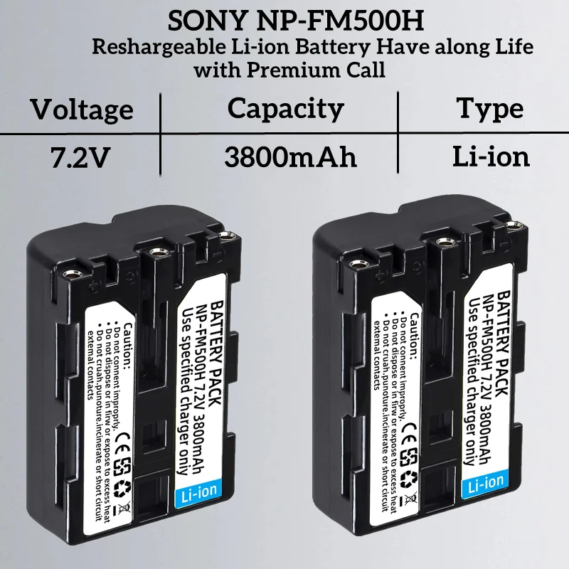 NP-FM500H 2Pack Náhradné Batérie 3800mAh pre Sony Alpha A57/A58/A65/A68/A77/A99/A100/A200/A300/A500 。Kompatibilné s originálnymi1