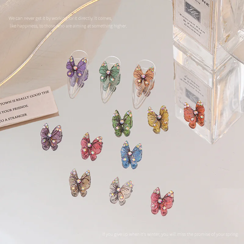 10pcs Japonský 3D Farebné Živice Butterfly Design Nail Art Charms Luxusné AB Drahokamu Ozdoby na Nechty, Manikúra Príslušenstvo urob si sám2