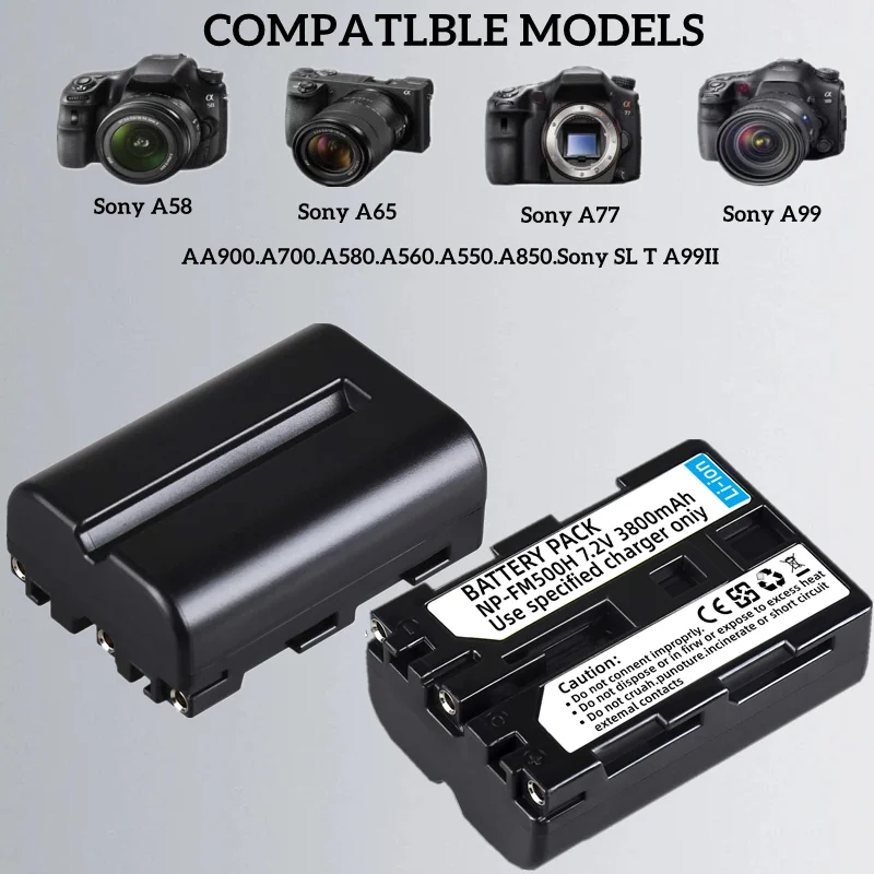 NP-FM500H 2Pack Náhradné Batérie 3800mAh pre Sony Alpha A57/A58/A65/A68/A77/A99/A100/A200/A300/A500 。Kompatibilné s originálnymi3