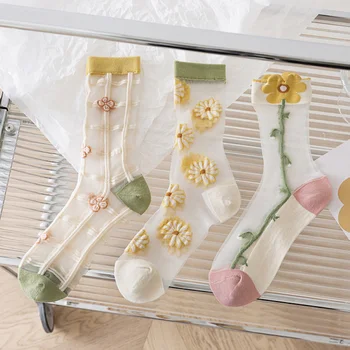 Letné Ultra-tenké Transparentné Krištáľové Sklo, Hodvábne Ponožky Kvetinové Výšivky Ženy Ponožky Módne Harajuku Kawaii Polovici Teľa Ponožky
