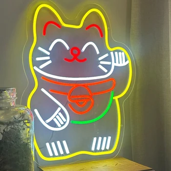 Anime Neónový nápis Šťastie Mačka pokladne Dekorácie Neónový nápis Ramen Rezance LED Svetlo Vlastné Neon Domov Shop Stenu Decor Darček