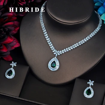 HIBRIDE Luxusné Brilantné Plný Zirkónmi, Šperky Sady Pre Ženy S Veľkými Zelená Kvapka Vody Náhrdelníky Sady Svadobné Dary N-504