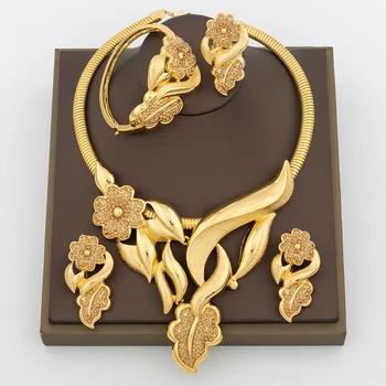 Luxusné Svadby Šperky Set Afrického Dubaj Kvet Dizajn Náušnice a Náhrdelník s Náramok Krúžok 4Pcs Sada pre Zapojenie Svadobné