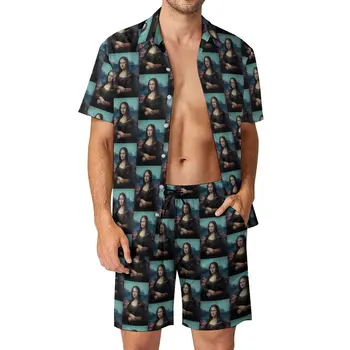 Mona Lisa Mužov Sady Slávny Obraz Havaj Bežné Tričko Nastaviť Krátky Rukáv Dizajn Šortky Letné Beach Oblek Veľkosť