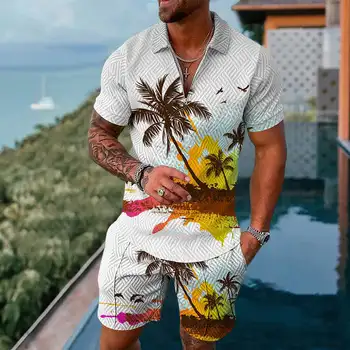 Muži Havajské Tepláková Súprava Nastaviť Polo Tričko Letné Beach Oblečenie Coconut Tree Nadrozmerné 2 Ks Krátke Rukáv Vyhovovali Bežné Muž Behanie