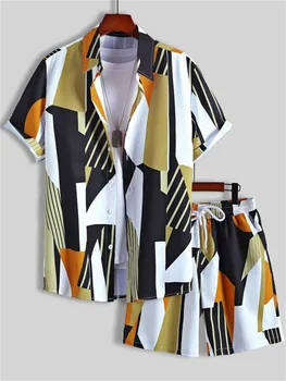 Pánske Oblečenie 2023 pánske oblek Vytlačené patchwork klope krátky rukáv bežné tričko Beach šortky v Lete Streetwear Dovolenku Hawaiia