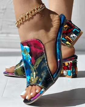 Ženy Módne Členkové Topánky S Nízkym Podpätkom Sandále Colorblock Croc Plastický Drahokamu Robustný Podpätky