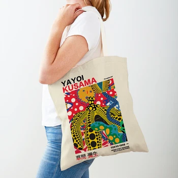 Japonský Yayoi Kusama Farebné Bodky Digitálny Dvojitý Tlač Shopper Taška Kabelka Tote Cartoon Lady Opakovane Nákupné Tašky
