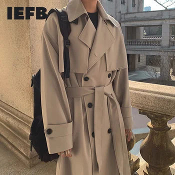 IEFB pánskeho oblečenia 2023 Jeseň Fashion Nové Dvojité Breasted Oblečenie Muž Dlhá Srsť Voľné Kabát Trend Pekný Bežné Vetrolam