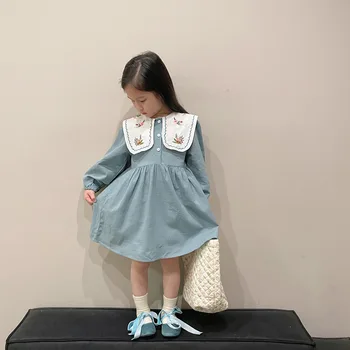 2023 Kórejský Štýl Jar Baby Dievčatá Šaty Nové Klope Vyšívané Kvetinové Šaty Vintage Oblečenie