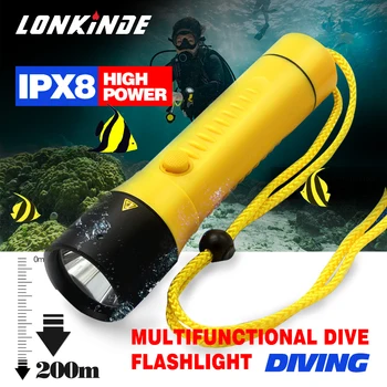IPX8 Vodotesné Potápanie Baterka XM-L2 Žltá Biela LED Baterkou Vstavané 6600mAh Potápať pod vodou Lampa 100M Svetlo Camping