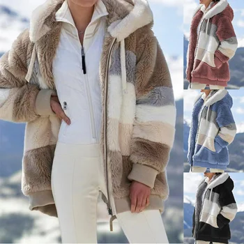 Kabát pre Ženy 2023 Jeseň/v Zime Teplé Plyšové Paneli Vrecko na Zips s Kapucňou Voľné Ženy Kabát Zimný Kabát