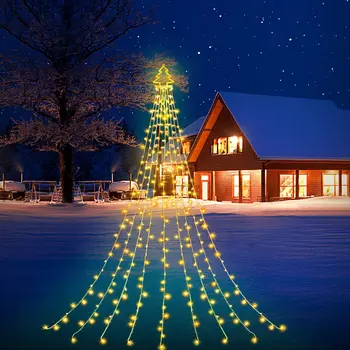 Vonkajšie Vianočné Ozdoby Vodopád Svetlá Svetlá na Vianočný Stromček s Hviezdičkový Vňaťou 320 Led 16.4 Ft 8 Režimov Vlkovcový Led Svetlá