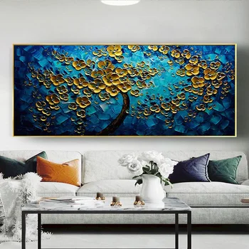 Veľký 100% Ručne Maľované Hrubé Nôž Kvet Olejomaľby Na Plátne Neon Blue Golden Tree Rastliny Wall Art Obrázky Pre Obývacie