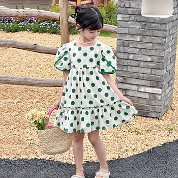 2023 Dievčatá Princezná Letné Šaty Zelené Polka Dot Petal Rukávy Bavlnené Šaty 3-7 Rokov Vestidos Deti Móda Kórejské Oblečenie