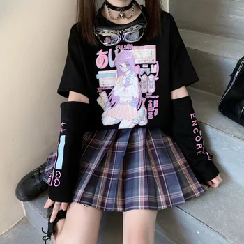 Letné žena tshirts Japonskej in roztomilé anime tlač harajuku voľné falošné dvoch-dielny dlhým rukávom estetické ženské t-shirt top