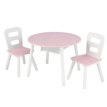 Drevené Deti Kolo Skladovanie Stôl A 2 Stoličky Nastaviť, Pink & White
