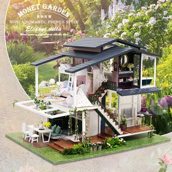 DIY Casa Jardin Monet Drevený domček pre bábiky Miniatúrne Stavebné Súpravy francúzsky Chalupe Veľká Bábika Domy s Nábytkom Dievča Hračky